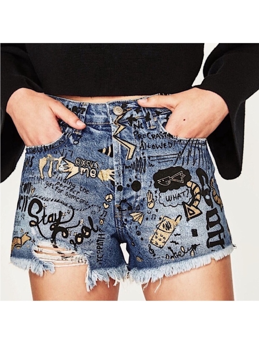 Zara Blue Denim Graffiti Jean Shorts with Black & Gold Accents
